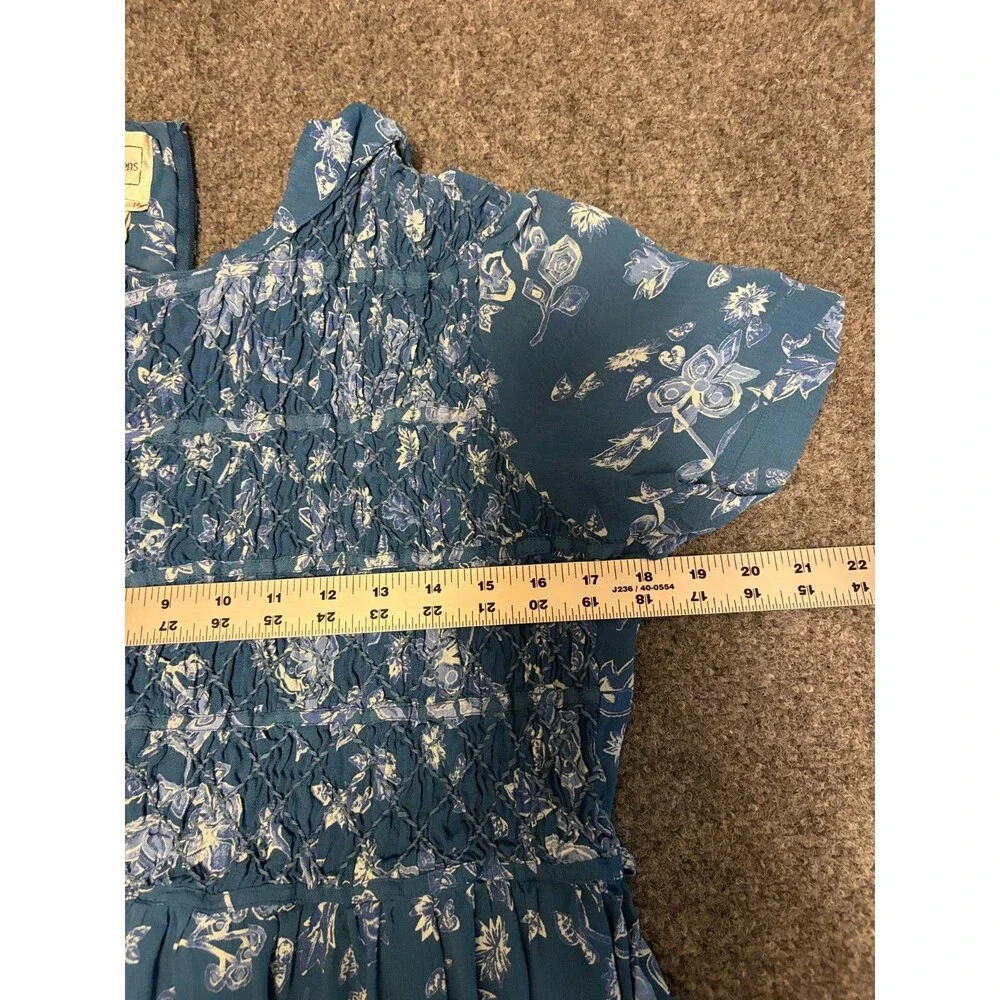 Karin Stevens Womens 14 Teal Blue Floral Smocked Maxi Dress Rayon Short Sleeve